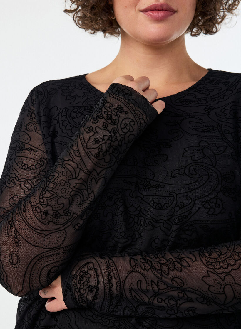 Verkkopusero paisleykuviolla ja ep&auml;symmetrisell&auml; helmalla, Musta, Model image number 3