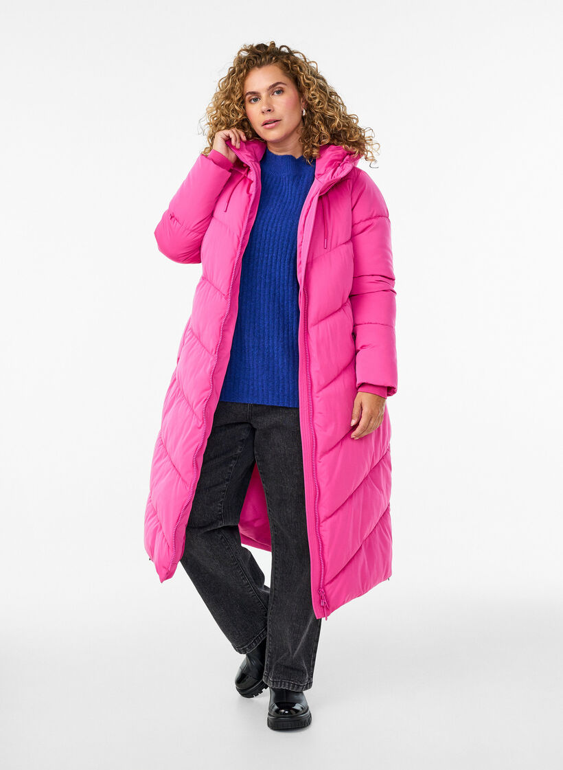 Pitk&auml; toppatakki, jossa huppu ja taskut, Vaaleanpunainen, Model image number 0