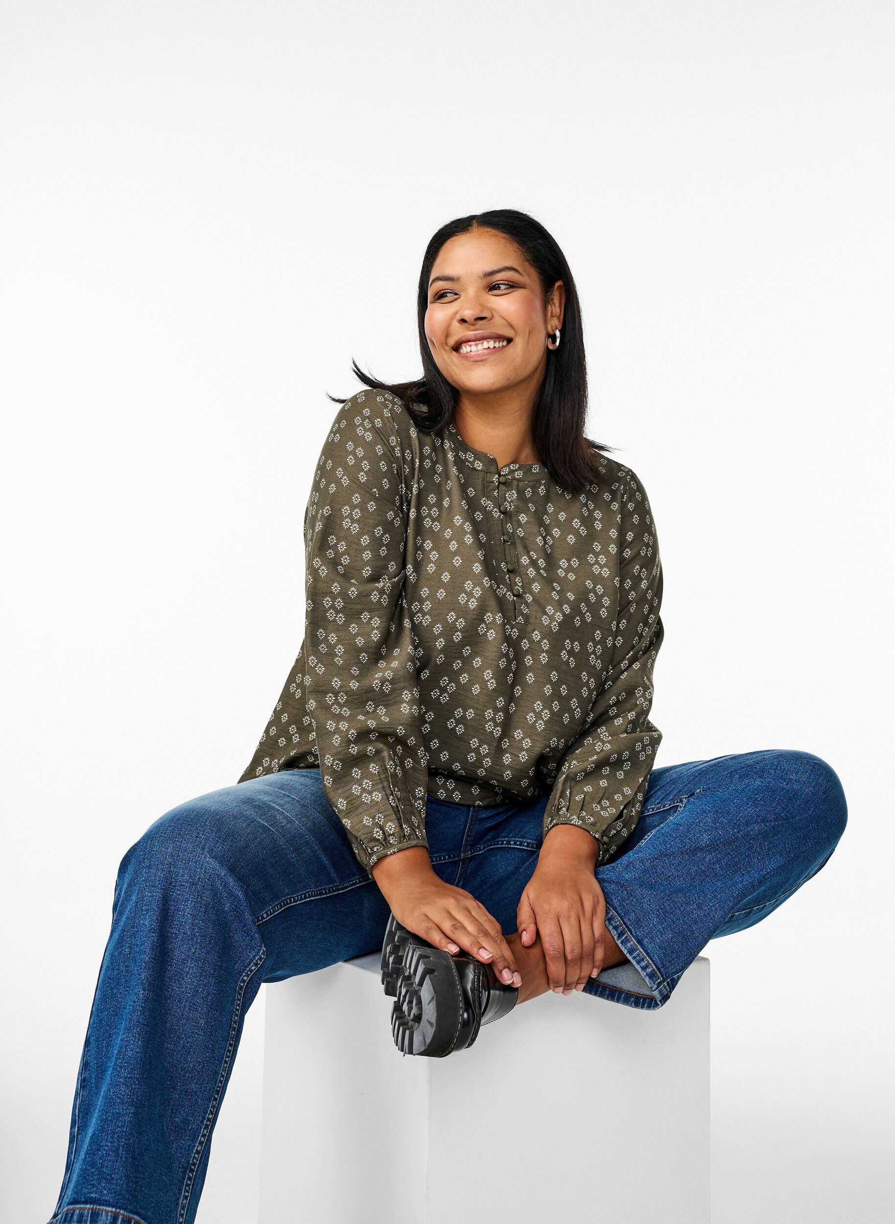 Zizzi Pitk&auml;hihainen pusero kuviolla ja napeilla, Vihre&auml;, Image image number 0