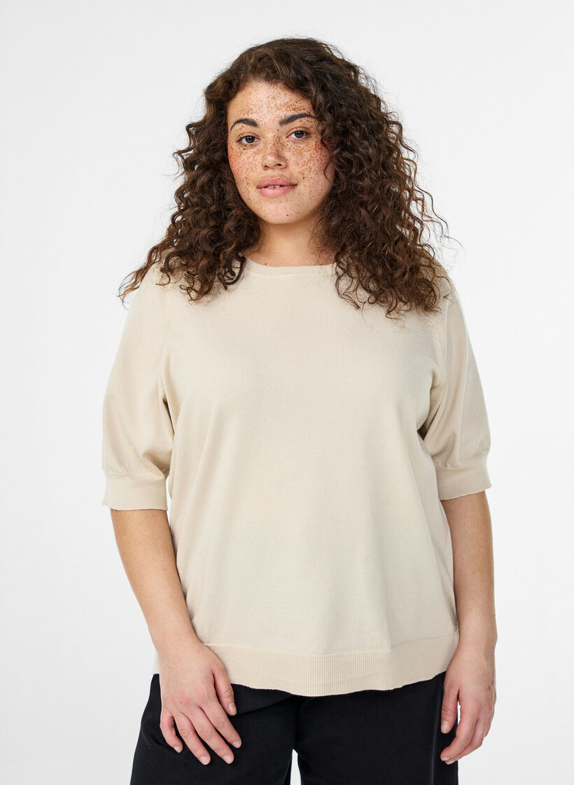 Hienoneulepusero lyhyill&auml; hihoilla, Beige, Model image number 0