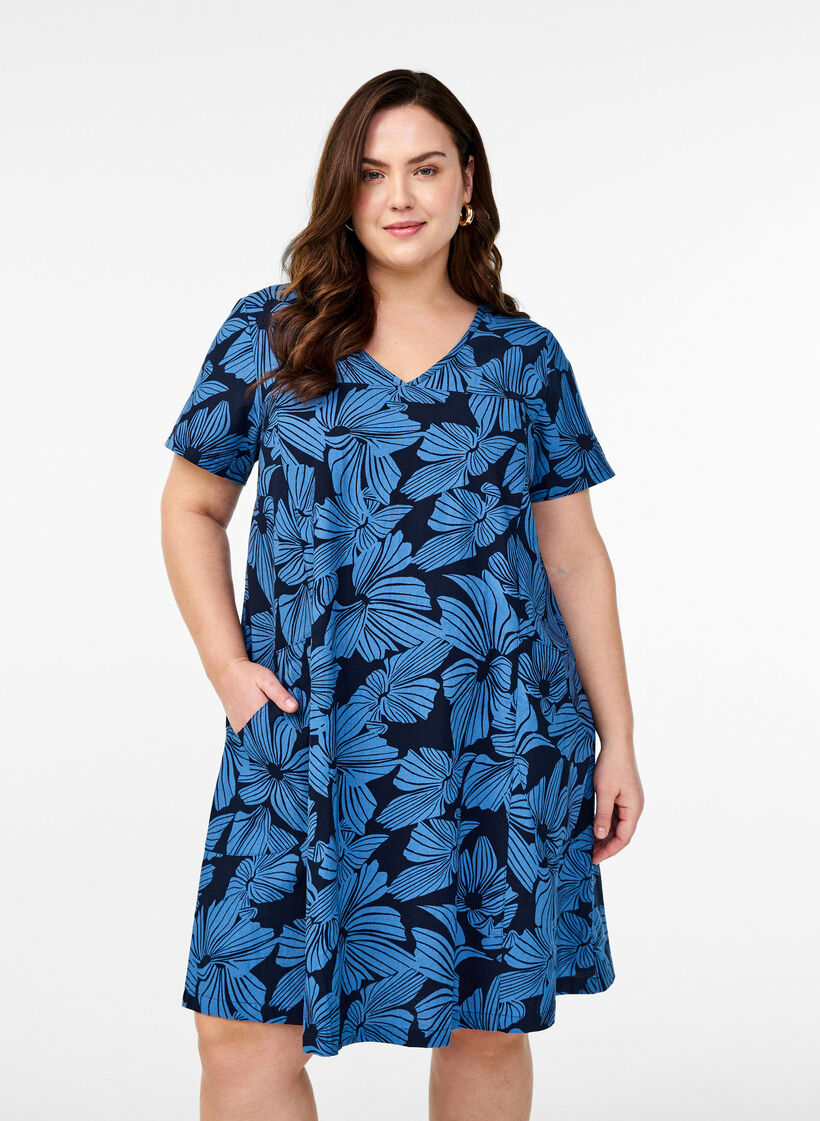 Lyhyt a-linjainen mekko kukkakuviolla, Sininen, Model image number 0