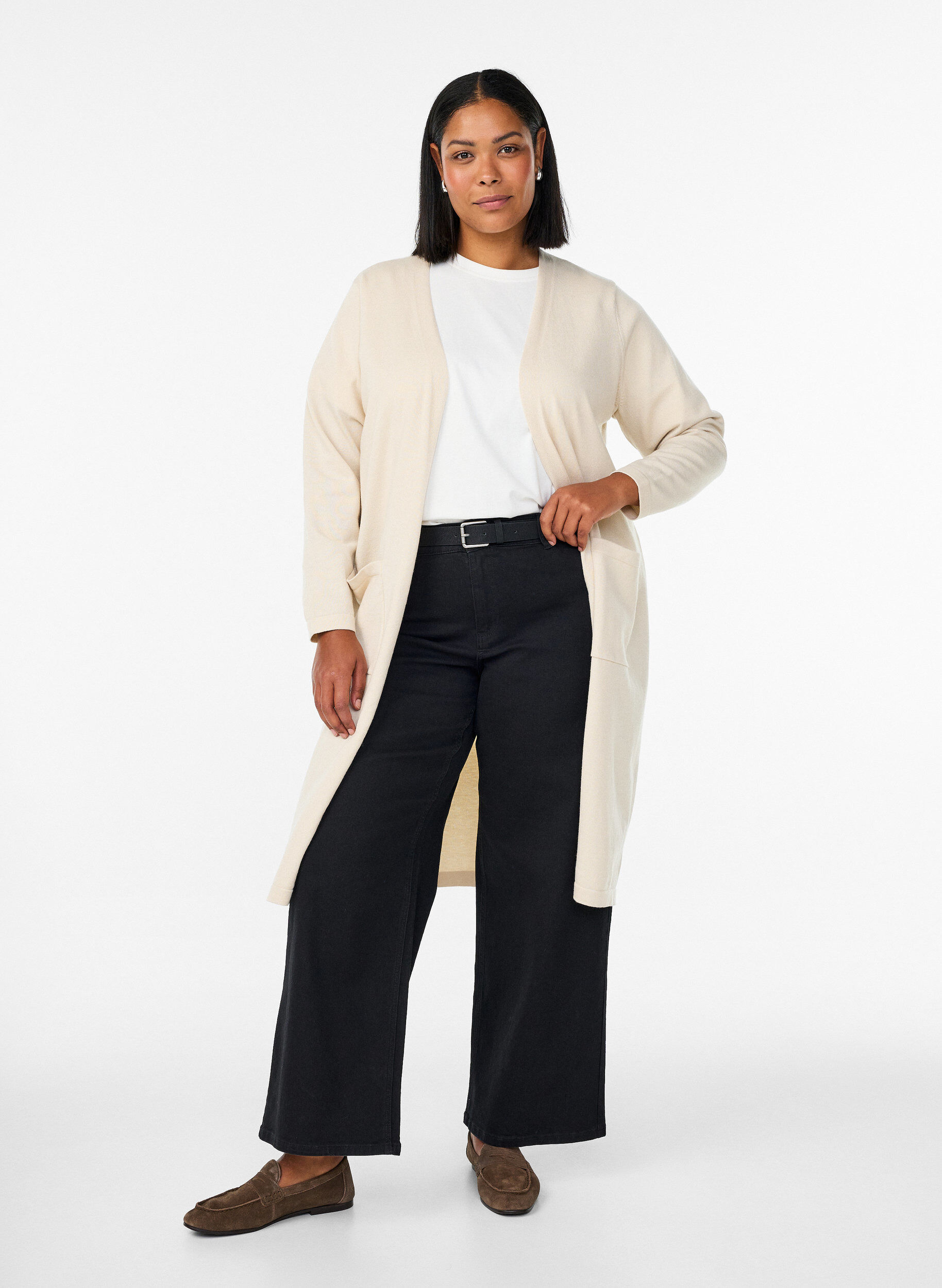 ZizziPitk&auml;, avoin neuletakki taskuilla, Beige, Model image number 0
