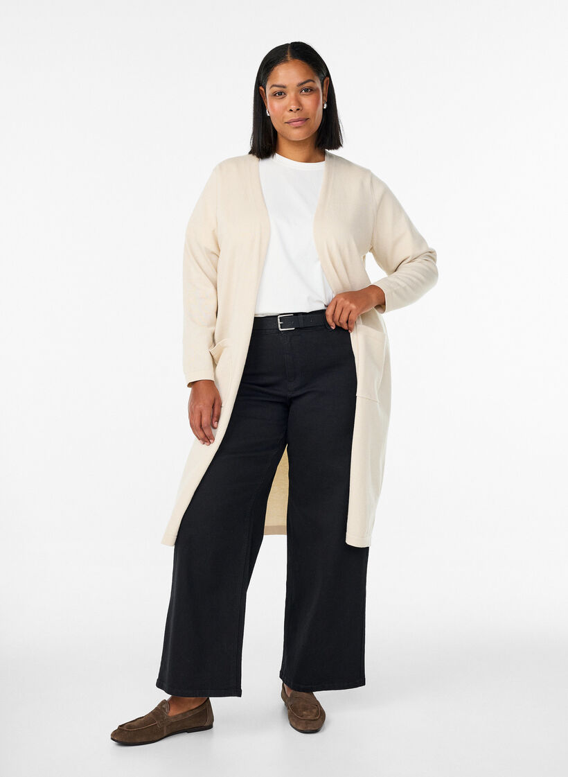 Pitk&auml;, avoin neuletakki taskuilla, Beige, Model image number 0