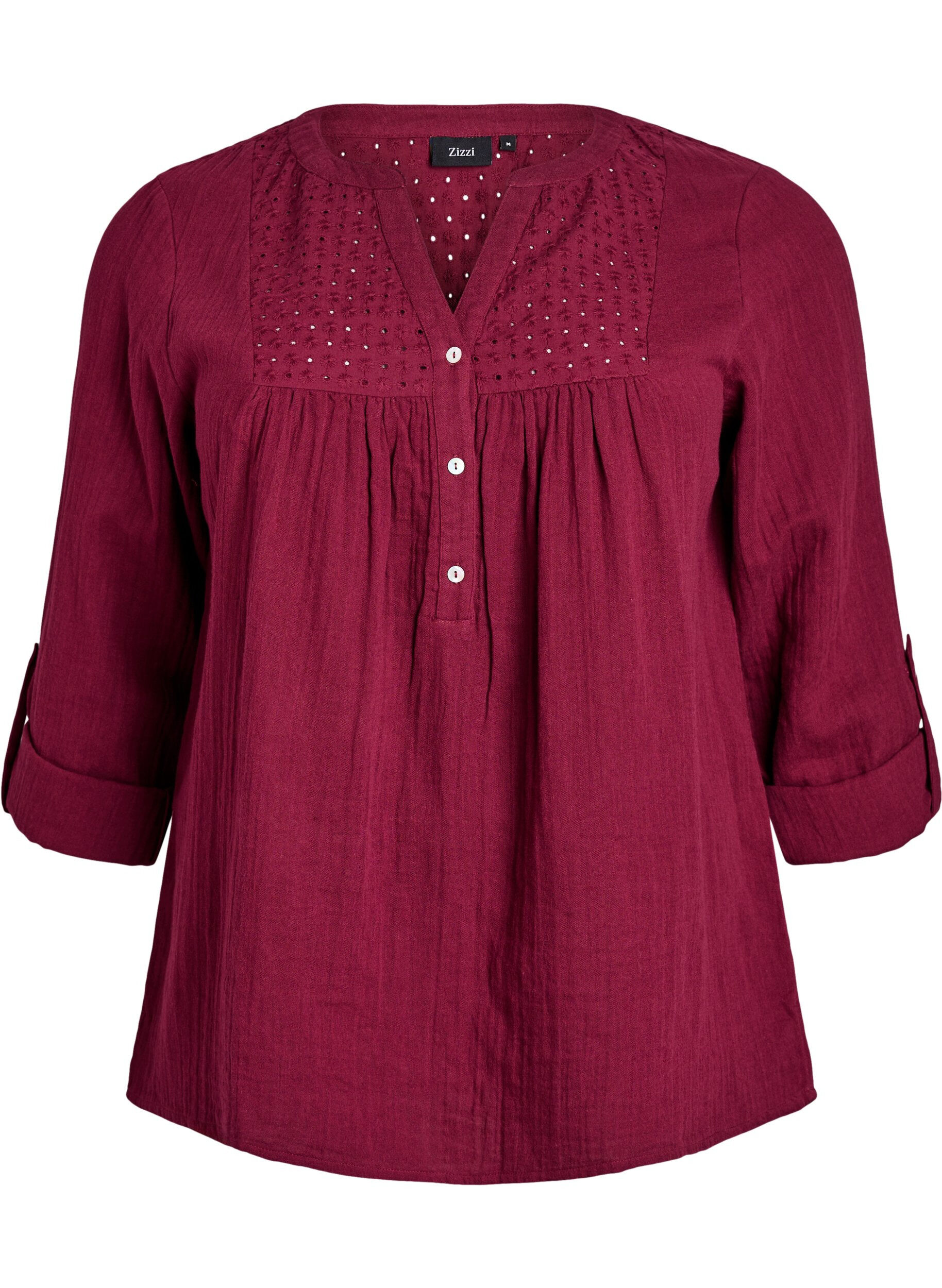 ZizziPaita puuvillamusliinissa, jossa broderie anglaise -kirjailu, Tumma Bordeaux, Packshot image number 0