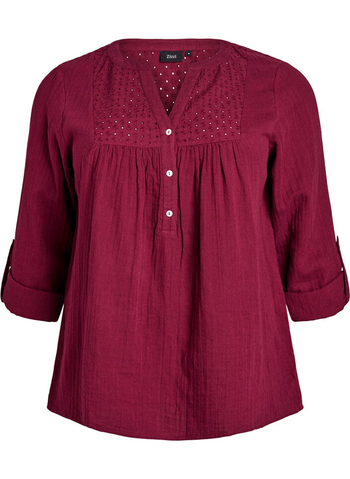 Paita puuvillamusliinissa, jossa broderie anglaise -kirjailu, Tumma Bordeaux, Packshot image number 0