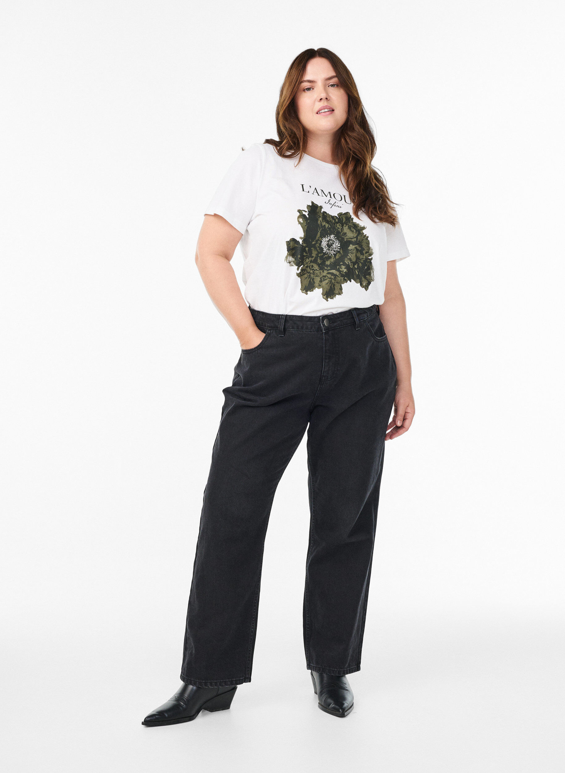 Zizzi Puuvillainen T-paita etupainatuksella, Valkoinen, Model image number 1