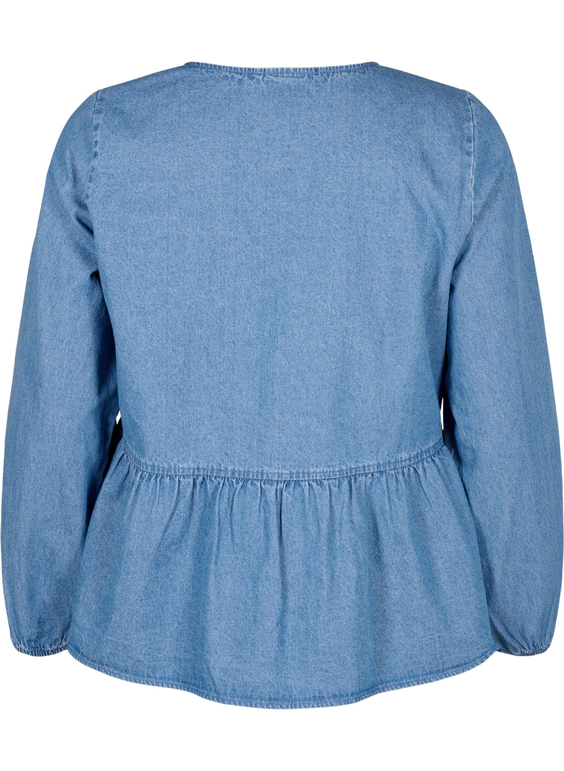 ZizziFarkkukankainen peplum-pusero, jossa on nauhakiinnitys, Light Blue Denim, Packshot image number 1
