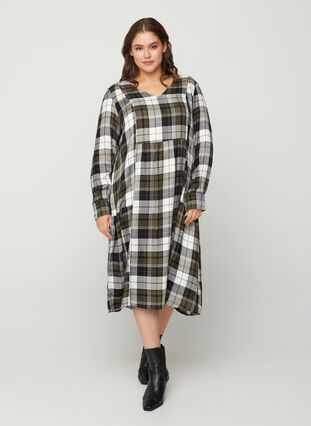 Checked viscose dress, Army Check, Model image number 0