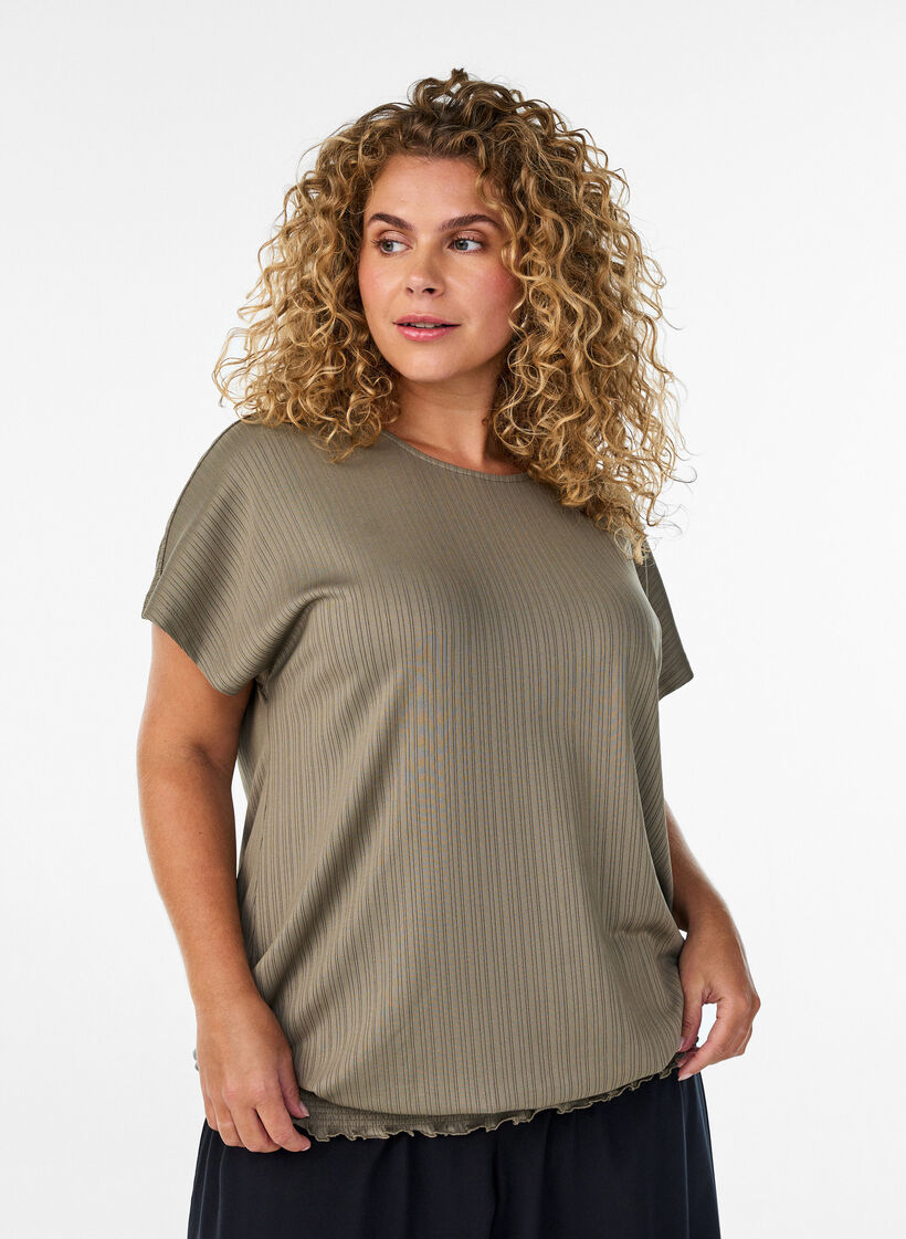 Jersey pusero raidallisella tekstuurilla ja smokkireunalla, Ruskea, Model image number 0