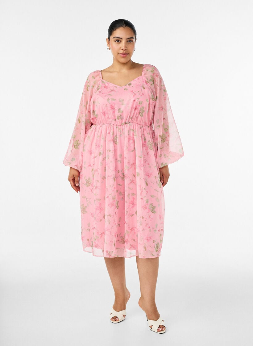 Pitk&auml;hihainen sifonkijuhlamekko, Vaaleanpunainen, Model image number 0