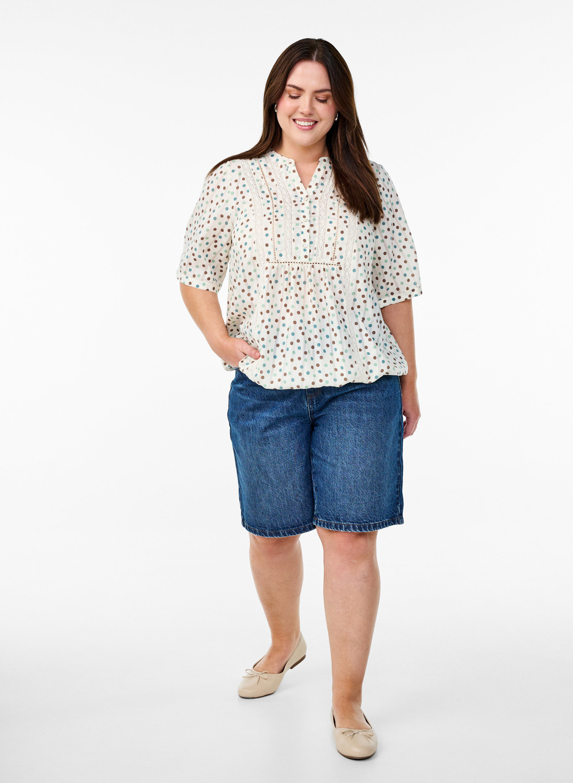 Zizzi Pusero printill&auml; ja 1/2-hihoilla, Valkoinen, Model image number 1