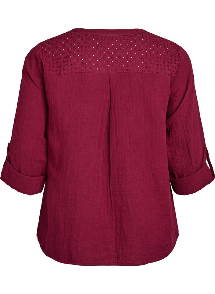 Paita puuvillamusliinissa, jossa broderie anglaise -kirjailu, Tumma Bordeaux, Packshot image number 1