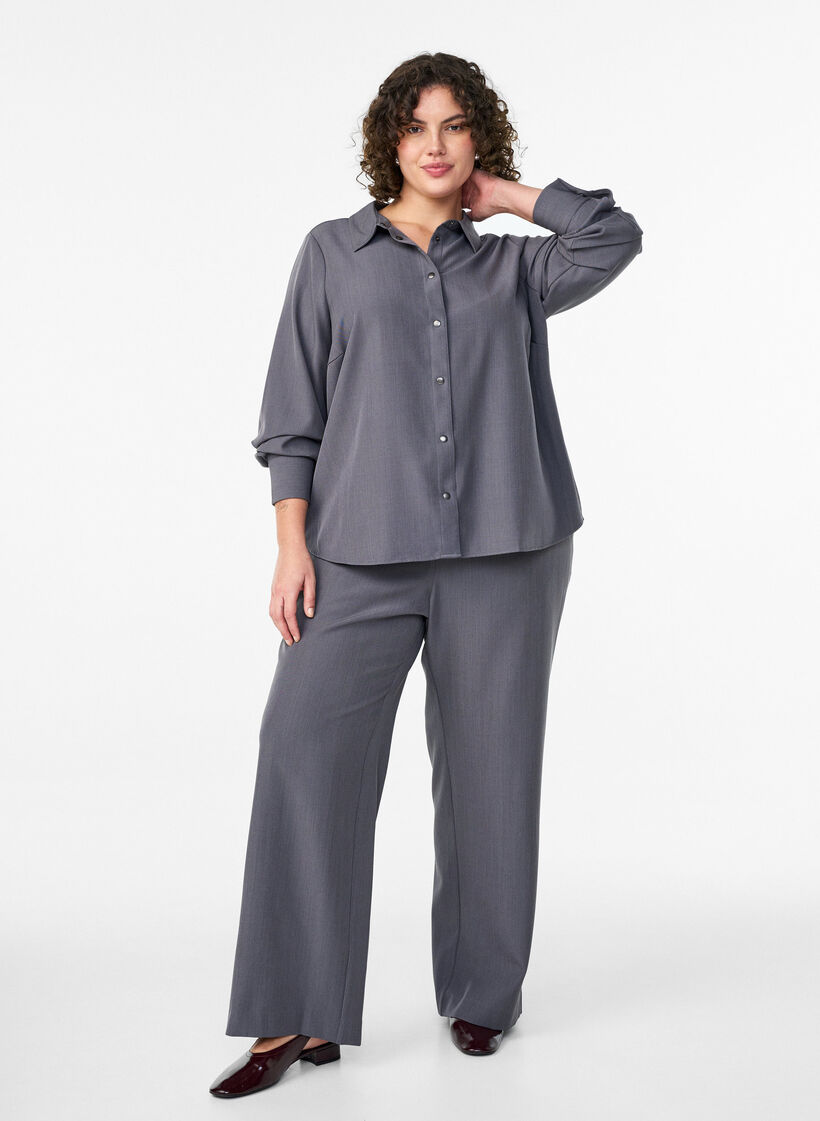 Korkeavyötäröiset pukuhousut leveillä lahkeilla, Harmaa, Model image number 0