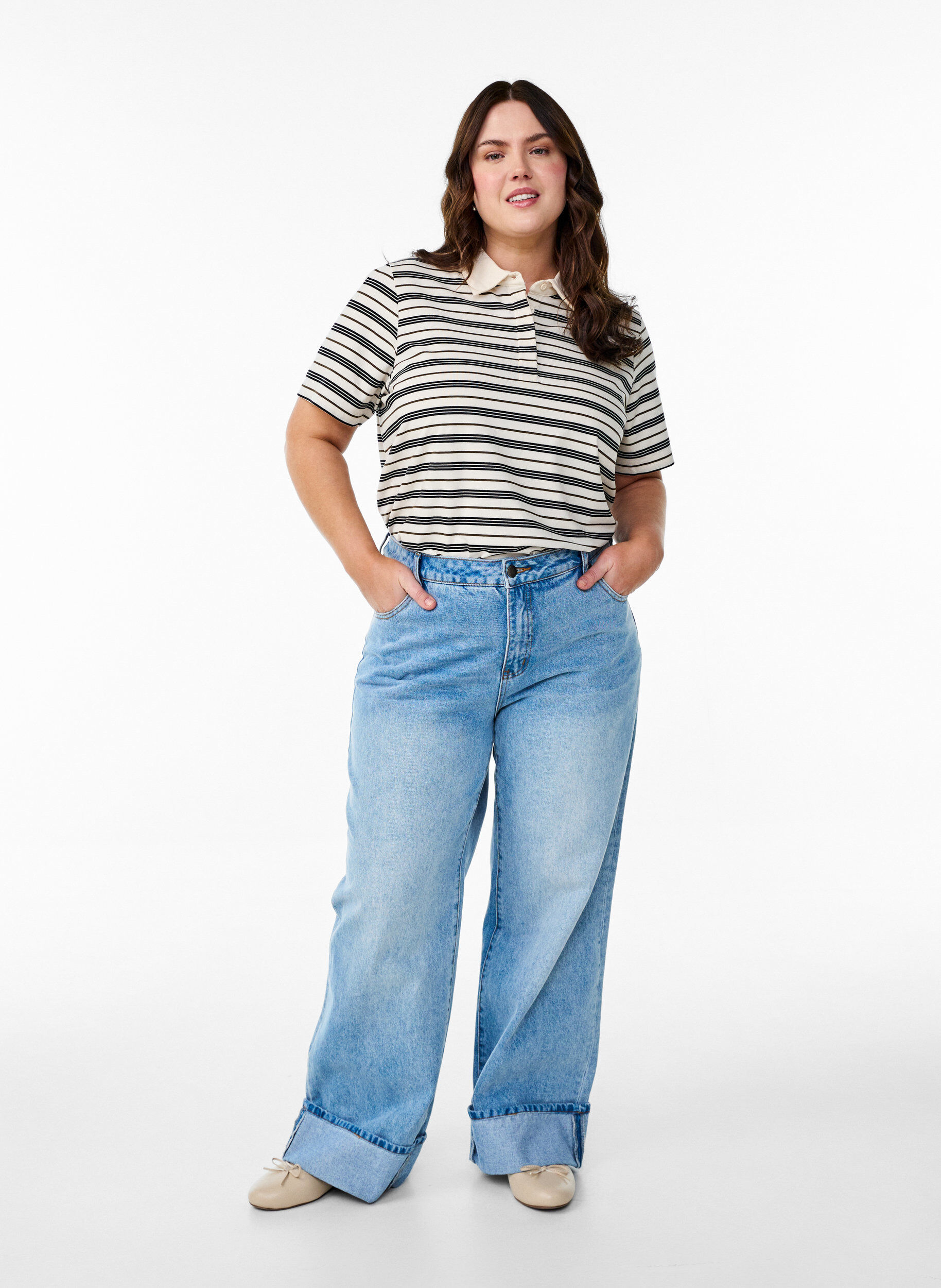 Zizzi Raidallinen pikeepaita lyhyill&auml; hihoilla, Valkoinen, Model image number 1