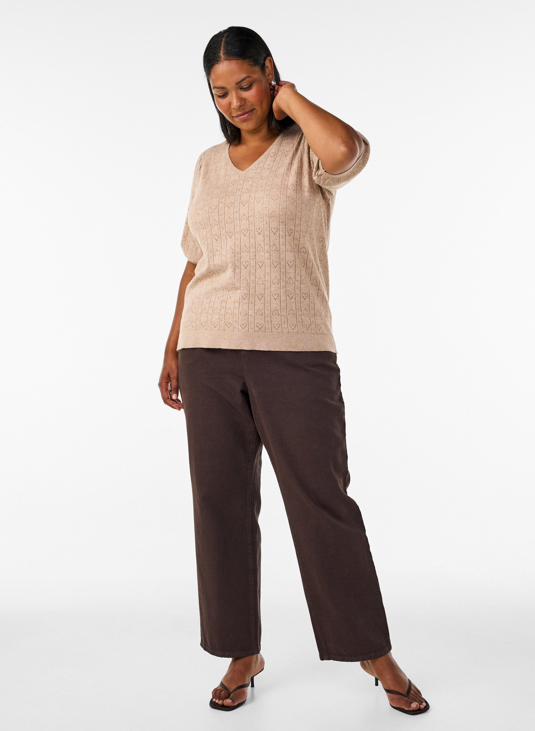 ZizziLyhythihainen neulepusero pointelle-kuviolla, Beige, Model image number 1