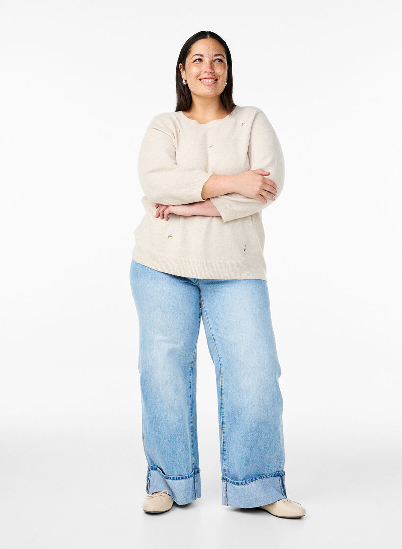 Kukkakuvioinen neulepusero 3/4-hihoilla, Pumice Stone Mel., Model image number 2