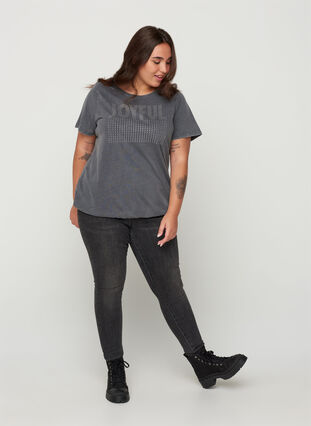 Puuvillainen t-paita niiteillä ja smokkirypytyksellä , Grey Wash, Model image number 2