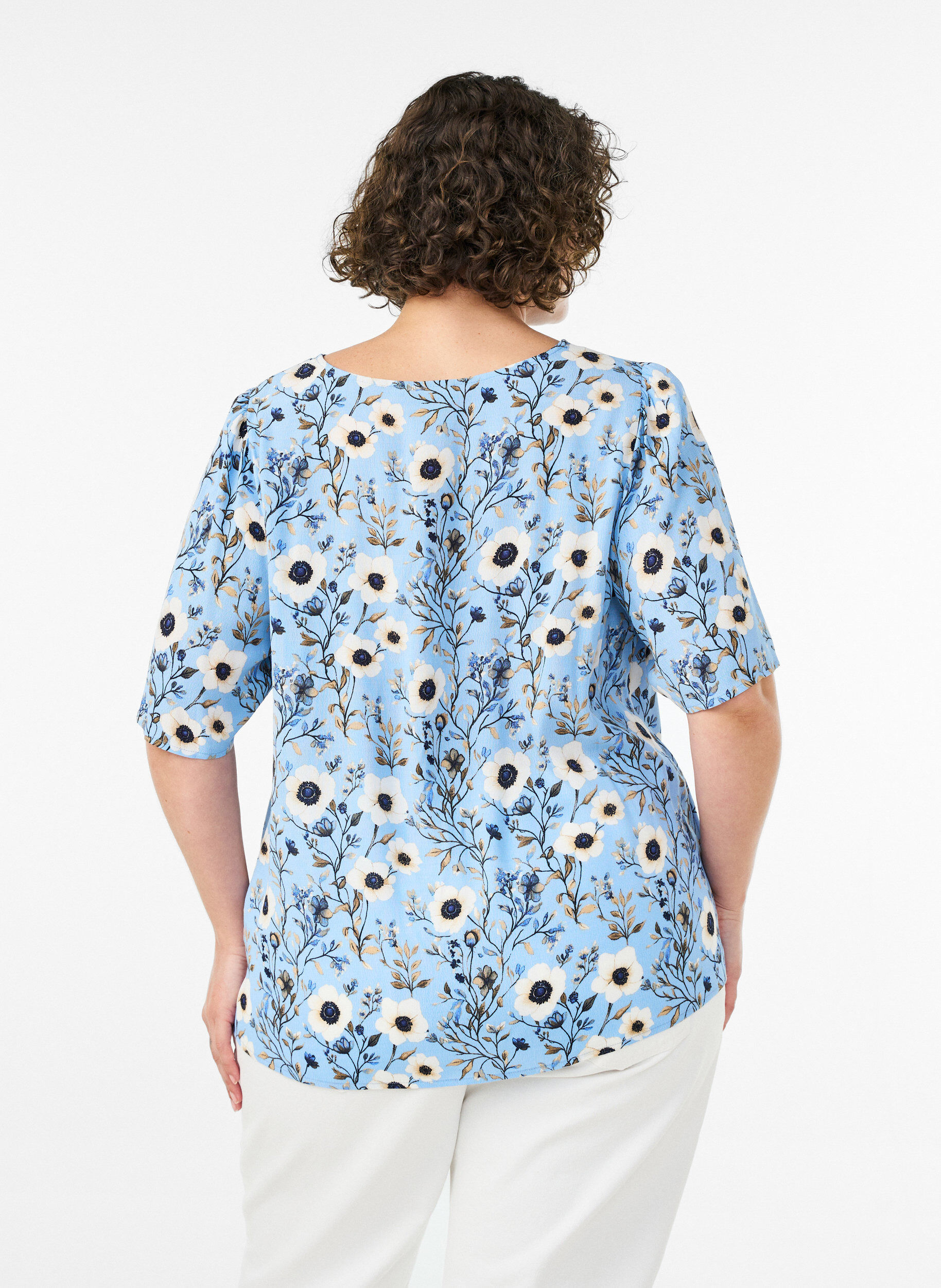 ZizziKukkakuviollinen pusero lyhyill&auml; hihoilla, Sininen, Model image number 2