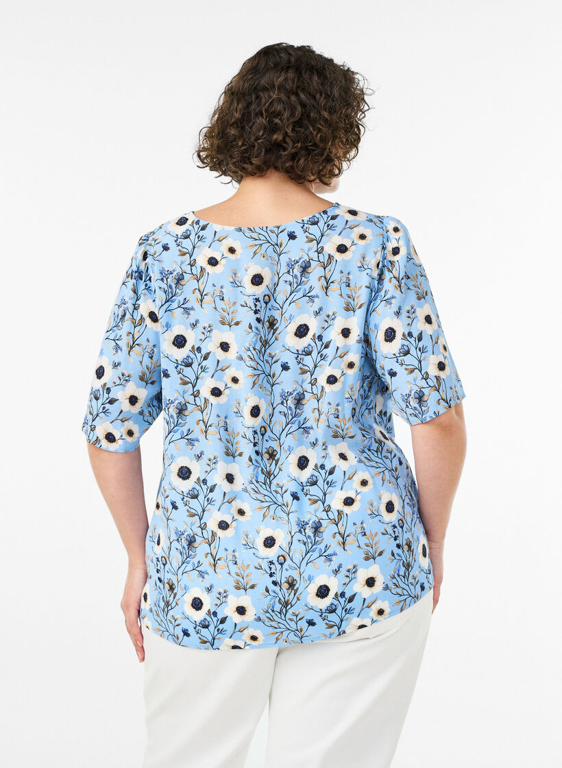 Kukkakuviollinen pusero lyhyill&auml; hihoilla, Sininen, Model image number 2