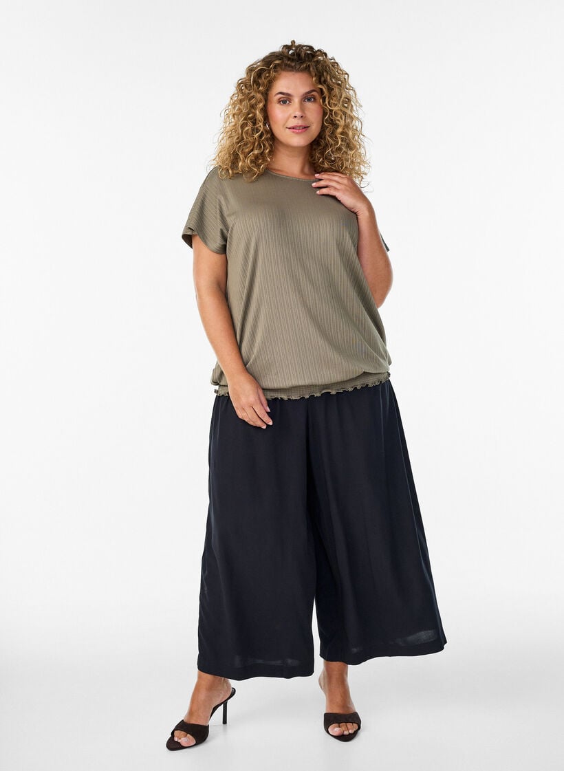 Jersey pusero raidallisella tekstuurilla ja smokkireunalla, Ruskea, Model image number 1