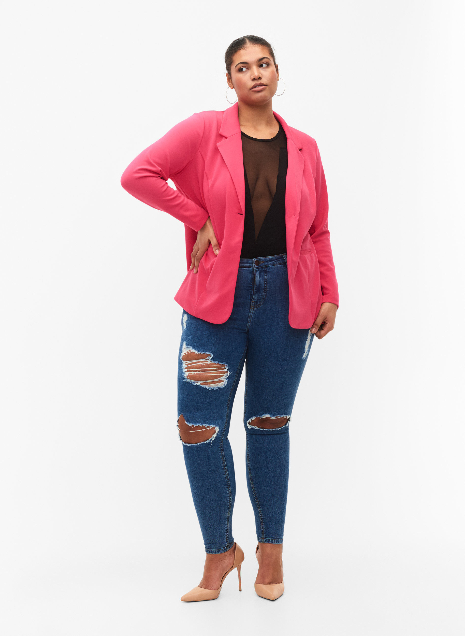 Zizzi Tyk&ouml;istuvat farkut kulutuksilla, Blue denim, Model image number 0