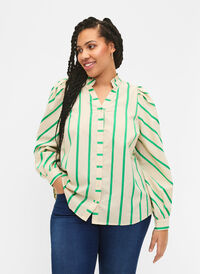 Puuvillainen paitapusero raidallisella kuosilla ja röyhelökauluksella, Beige Green Stripe, Model