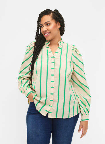 Puuvillainen paitapusero raidallisella kuosilla ja röyhelökauluksella, Beige Green Stripe, Model image number 0