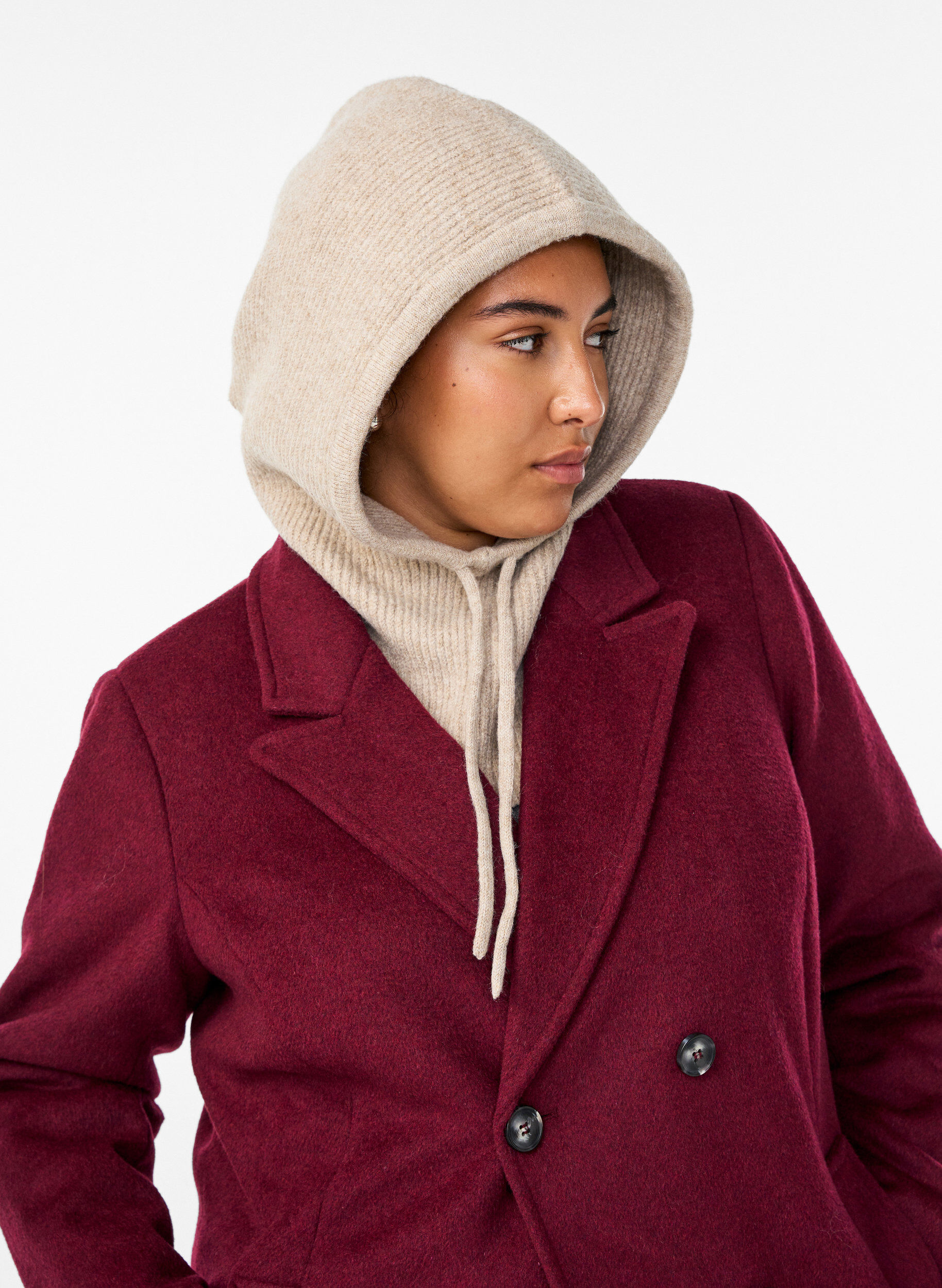 Zizzi Neulottu balaclava, jossa on kiristysnauhat, Beige, Model image number 1