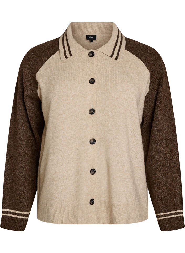 Neuletakki kontrastihihoilla ja kauluksella, Beige, Packshot image number 0