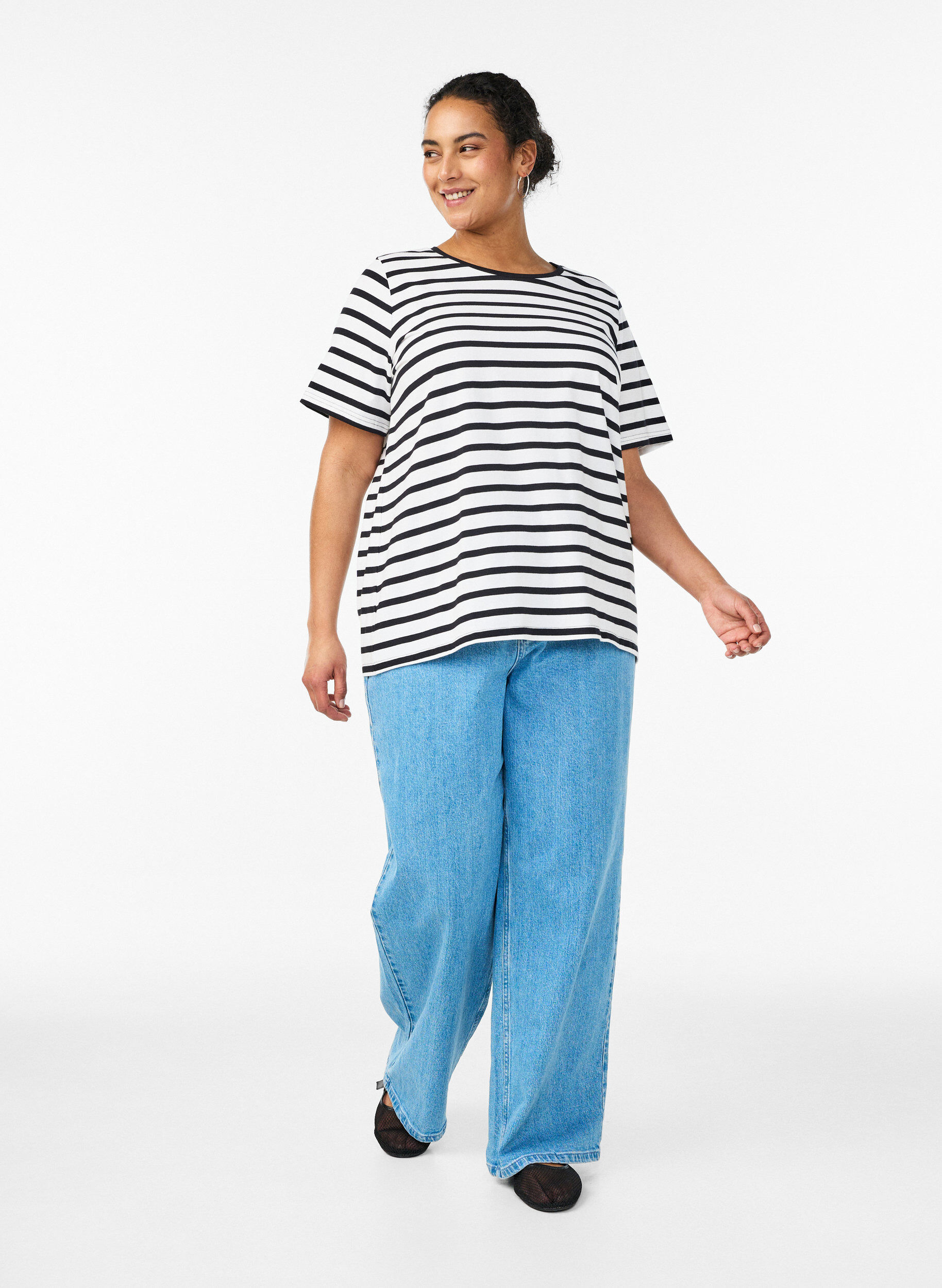 Zizzi Raidallinen t-paita luomupuuvillaa, Valkoinen, Model image number 1