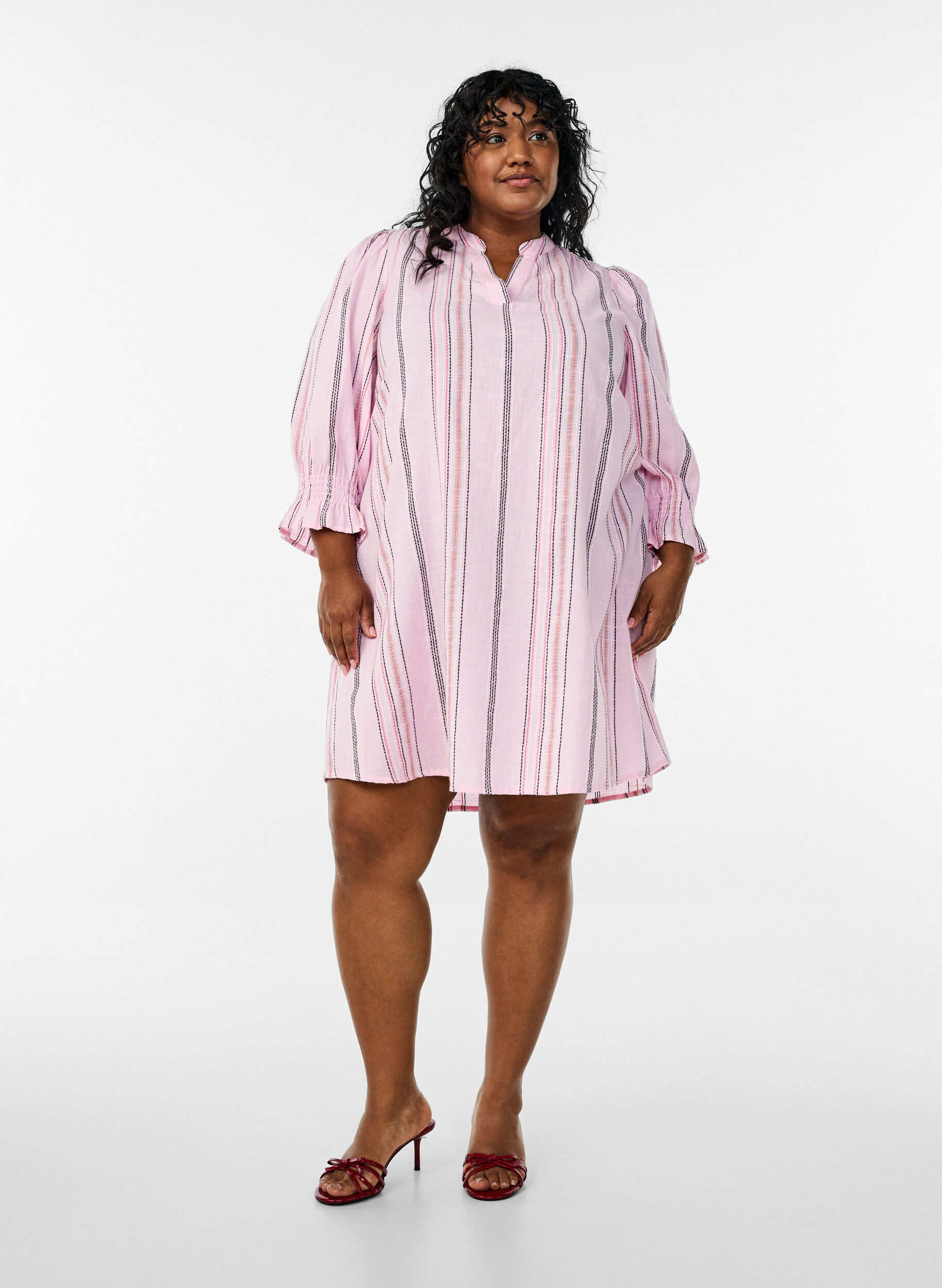 Zizzi Lyhyt puuvillamekko raidallisella kuosilla, Vaaleanpunainen, Model image number 1