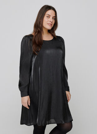 Kiiltävä mekko pitkillä puhvihihoilla, Black, Model image number 0