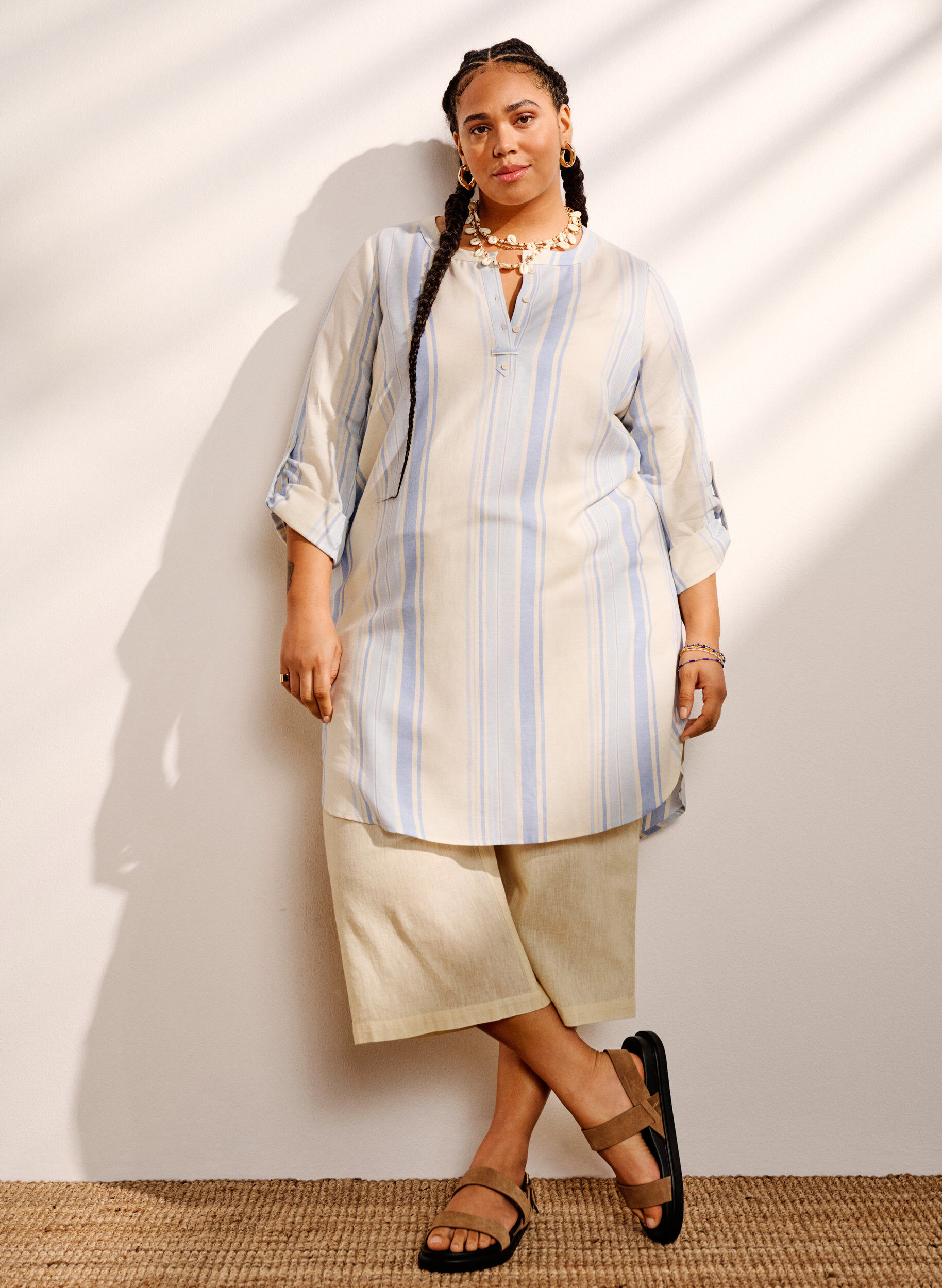 Zizzi Raidallinen mekko pitkill&auml; hihoilla, Birch w. Stripes, Image image number 0