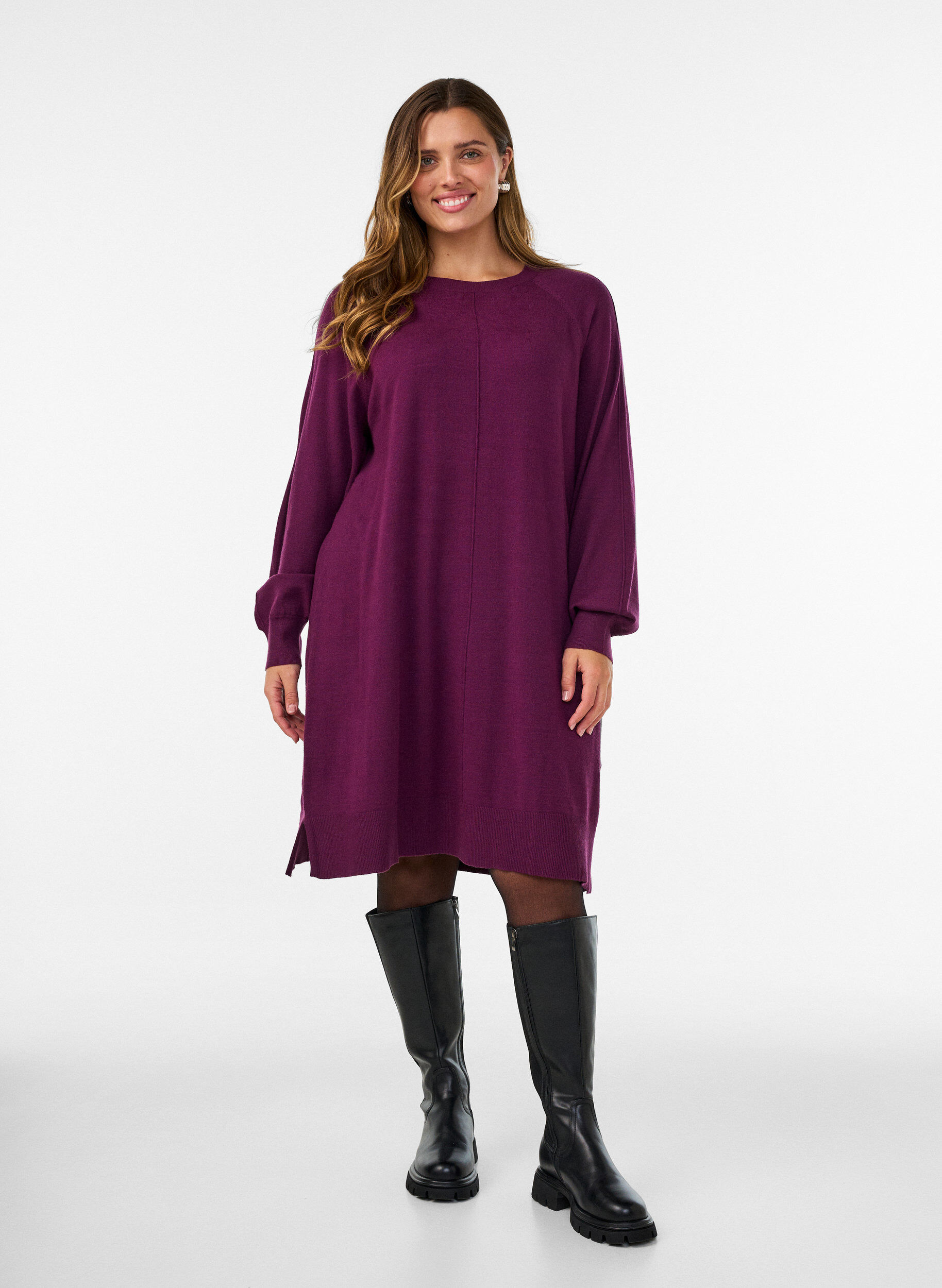 ZizziLyhyt neulemekko raglanhihoilla ja keskisaumalla, Punainen, Model image number 1