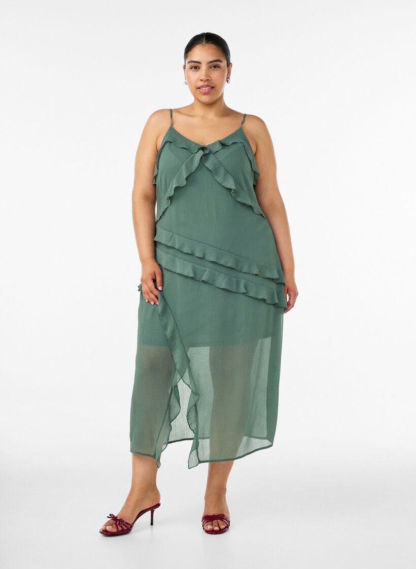 Chiffonmekko ep&auml;symmetrisill&auml; r&ouml;yhel&ouml;ill&auml;, Vihre&auml;, Model image number 0