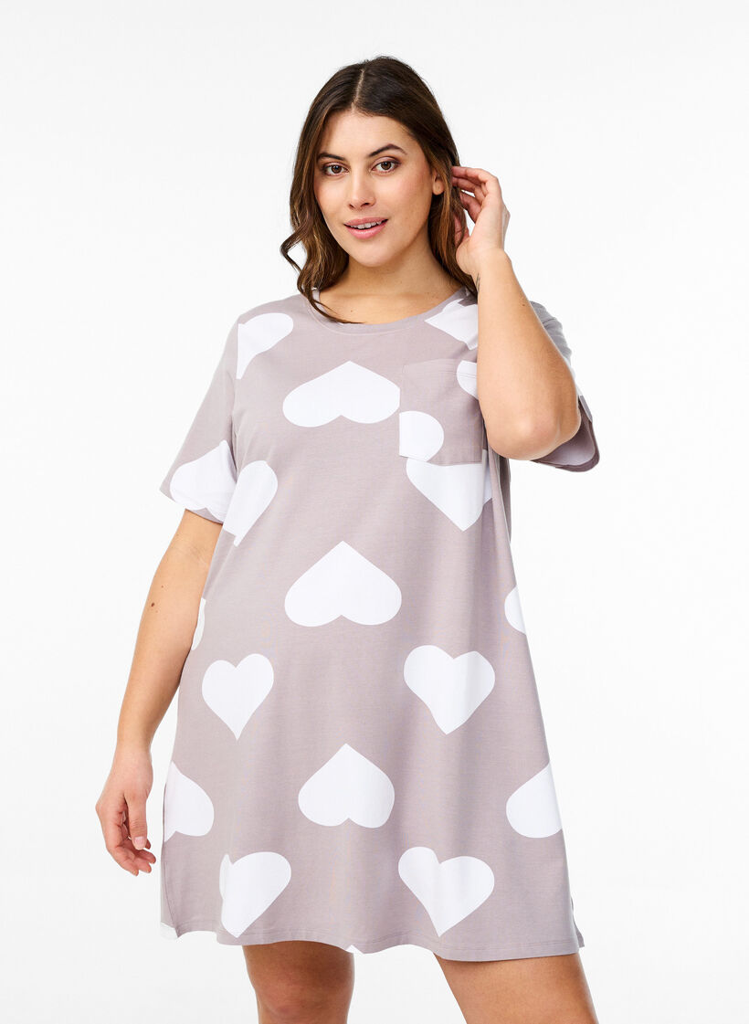 Pitkä yöpaita modaalisekoitetta sydänkuviolla, Harmaa, Model image number 0