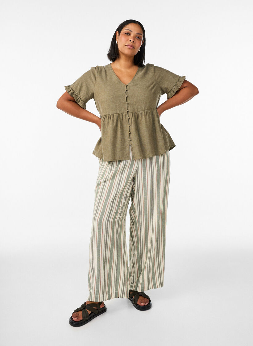 Pellava-viskoosipusero V-p&auml;&auml;ntiell&auml; ja nappikiinnityksell&auml;, Vihre&auml;, Model image number 1