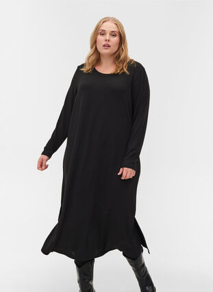 Yksivärinen mekko pitkillä hihoilla ja halkioilla, Black, Model image number 0