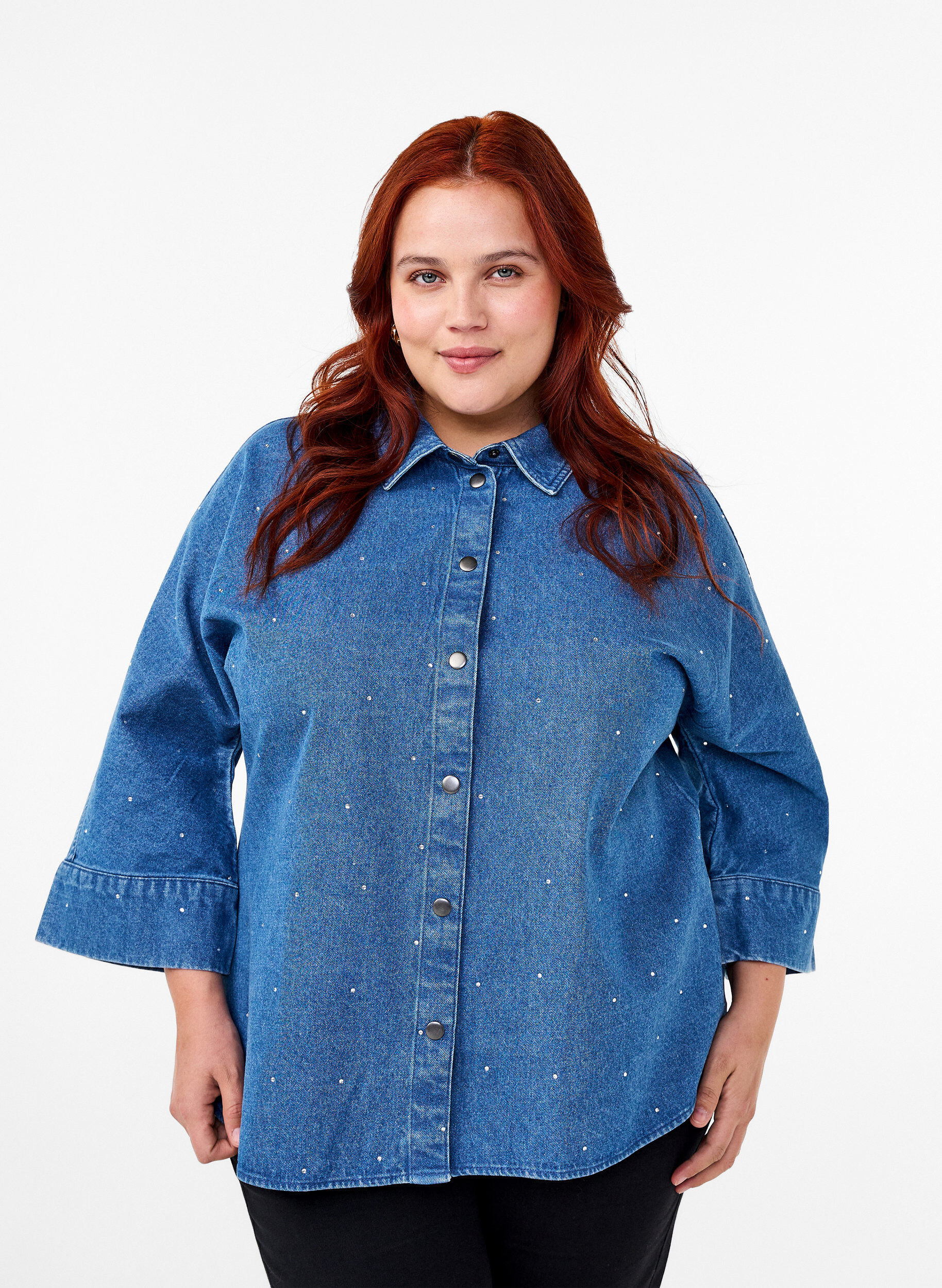Zizzi Farkkupaita tekojalokivill&auml; ja 3/4-pituisilla hihoilla, Bl. Denim Rhinestone, Model image number 0