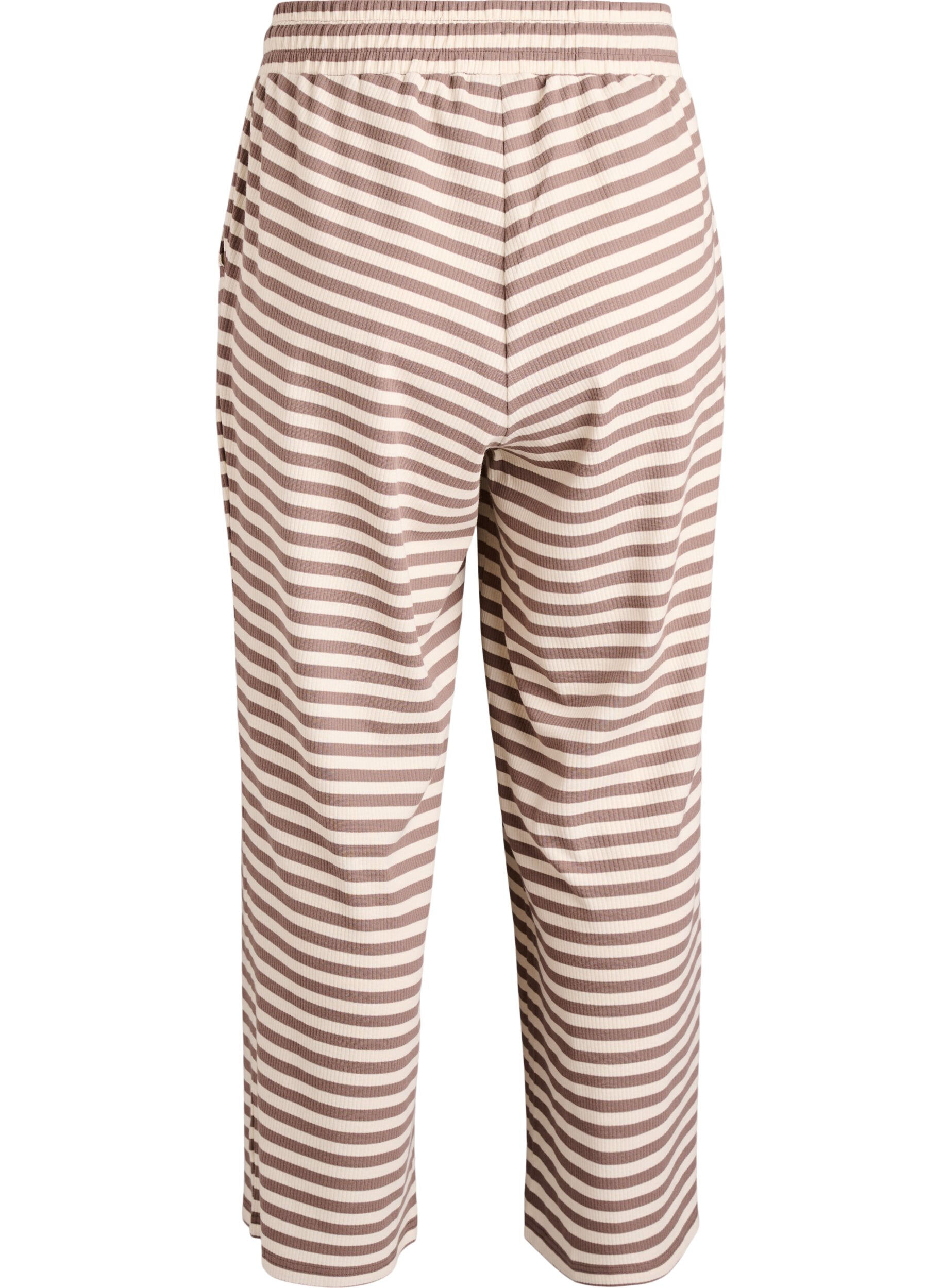 ZizziRaidalliset pyjamahousut korkealla vy&ouml;t&auml;r&ouml;ll&auml; ja leveill&auml; lahkeilla, Beige, Packshot image number 1