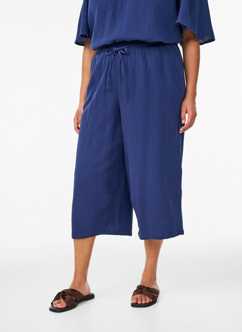 Puuvillamusliinipusero broderie anglaise -kirjonnalla ja 1/2-hihoilla, Sininen, Model image number 3