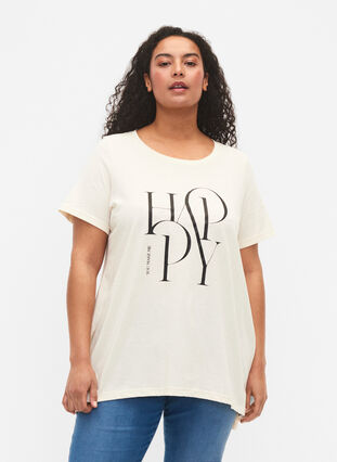 Puuvillainen t-paita tekstipainatuksella, Buttercream HAPPY, Model image number 0