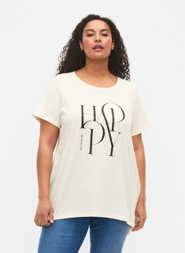 Puuvillainen t-paita tekstipainatuksella, Buttercream HAPPY, Model image number 0