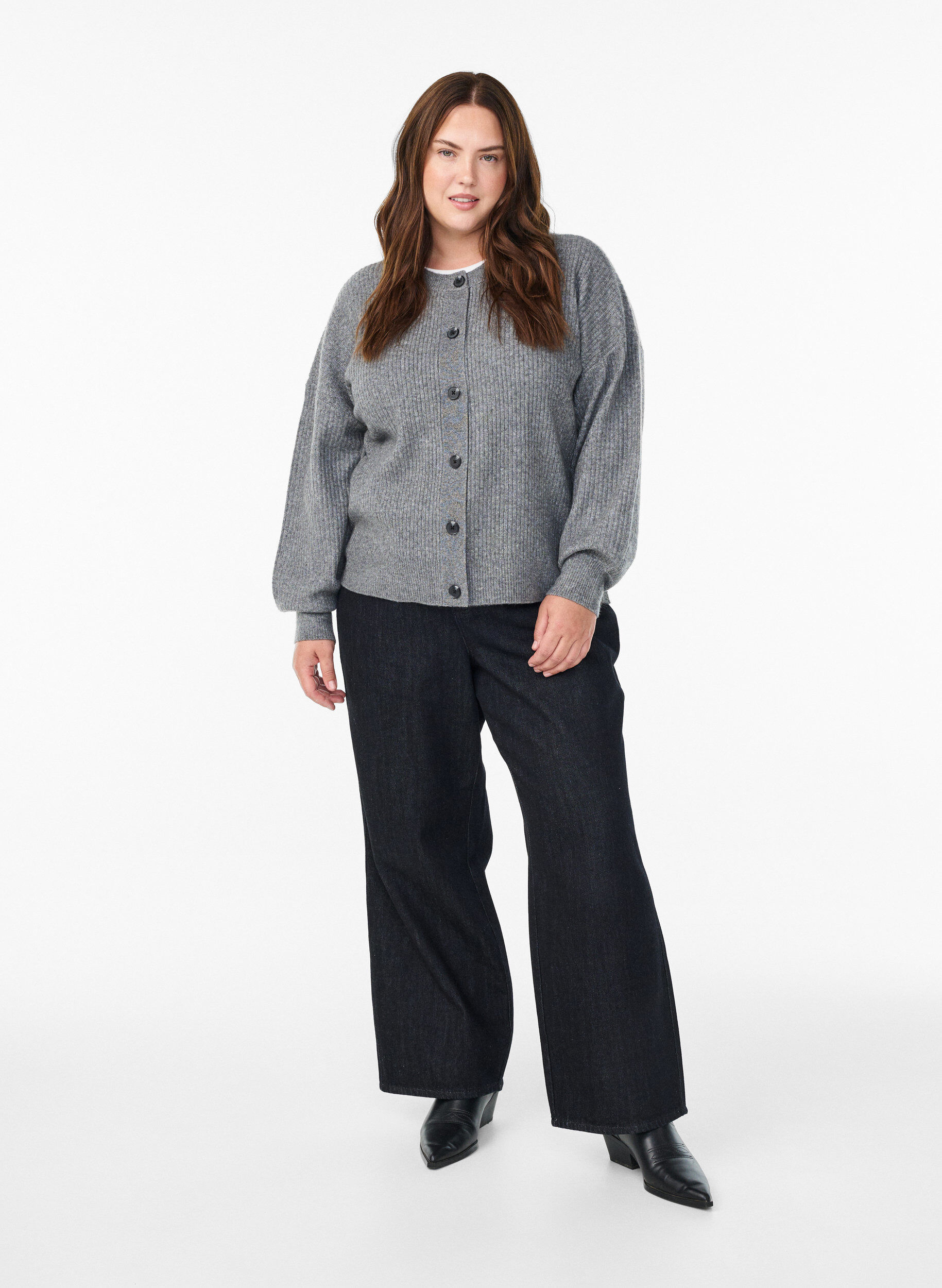 Zizzi Ribbineuloksesta valmistettu neuletakki napeilla, Harmaa, Model image number 1