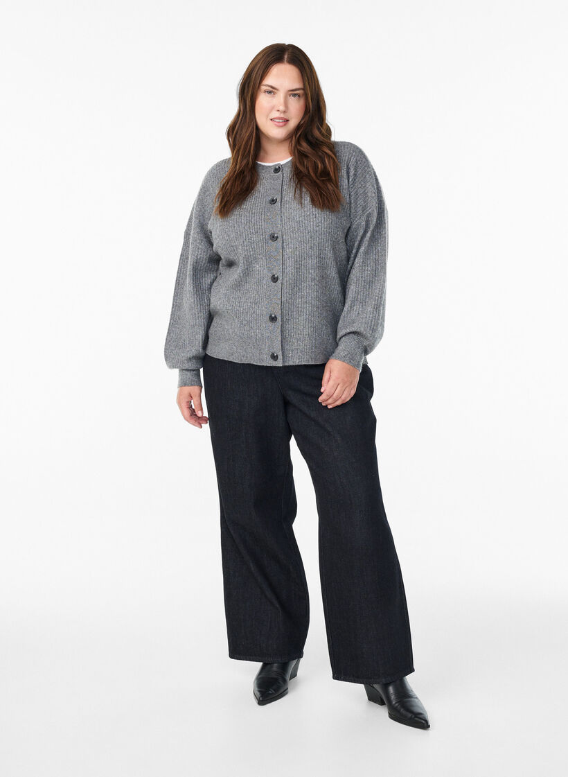 Ribbineuloksesta valmistettu neuletakki napeilla, Harmaa, Model image number 1