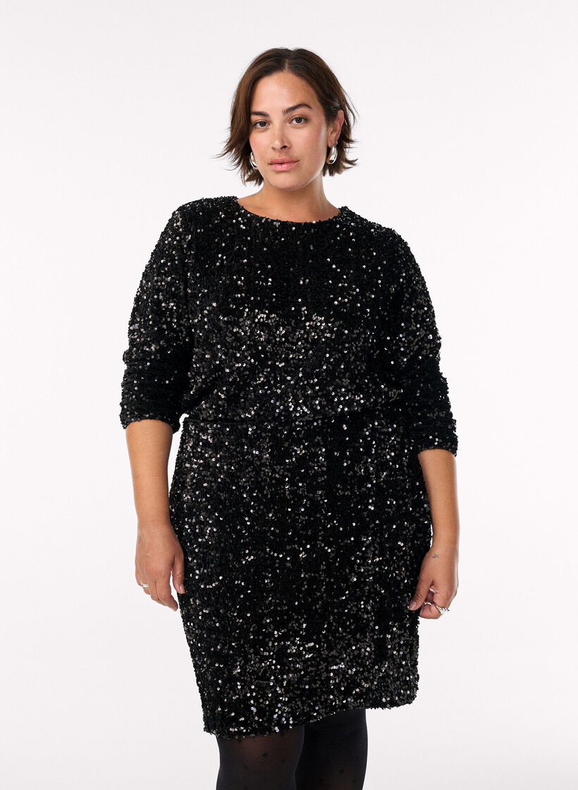 Lyhyt paljettihame joustavalla vyötäröllä, Musta, Model image number 0