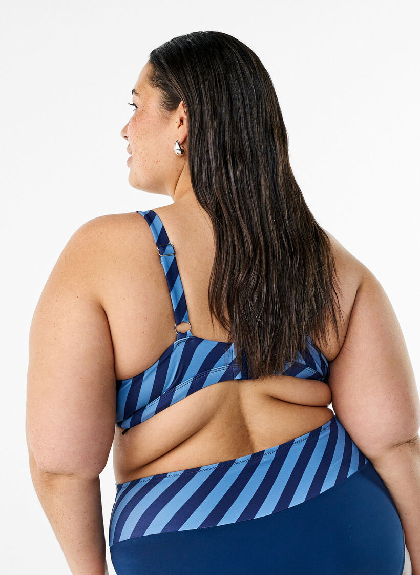 Raidallinen kolmionmallinen bikiniliivit kietaisuyksityiskohdalla, Sininen, Model image number 2