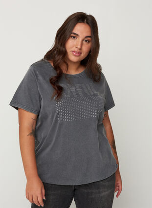Puuvillainen t-paita niiteillä ja smokkirypytyksellä , Grey Wash, Model image number 0