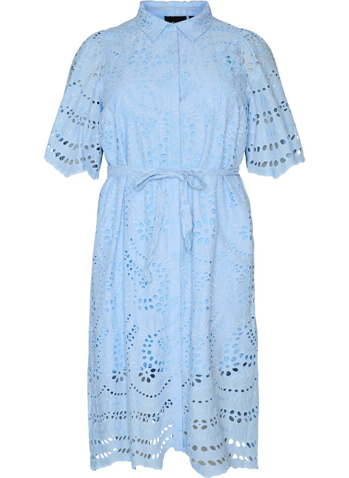 Paitamekko brodeerattua broderie anglaise -kangasta vy&ouml;ll&auml;, Sininen, Packshot image number 0