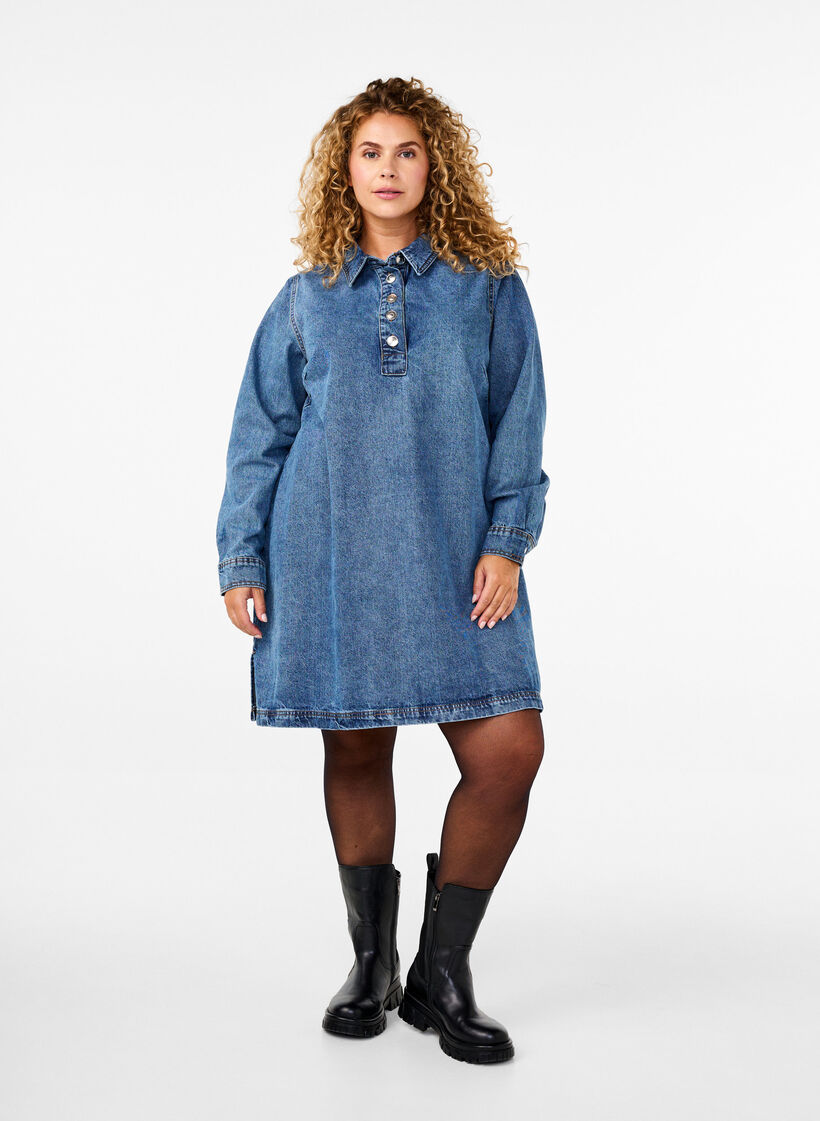 Lyhyt farkkumekko, jossa on A-linja ja pitkät hihat, Blue Denim, Model image number 2